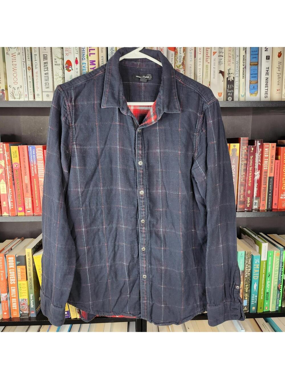 Treasure & Bond Men's Dark Plaid Button Down Shirt Large